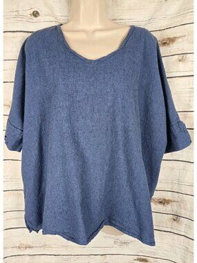Cut Loose Blue Linen Blend Tunic Top One Size Dolman Boxy Lagenlook